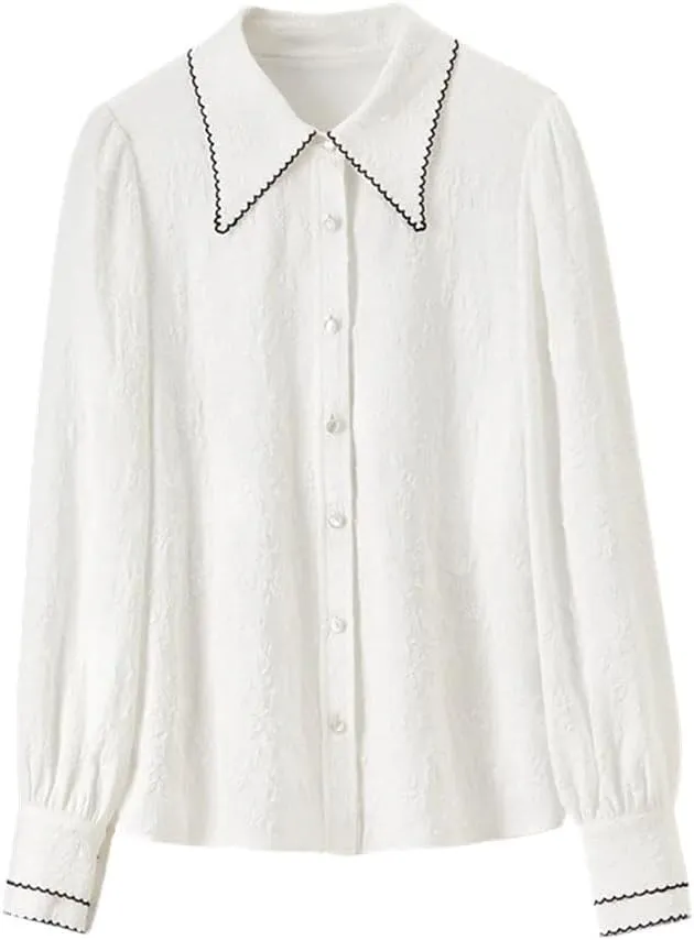 Women Slim Spliced Buttons Blouses Elegant Jacquard Lapel Shirts Office Lady Solid Color Top