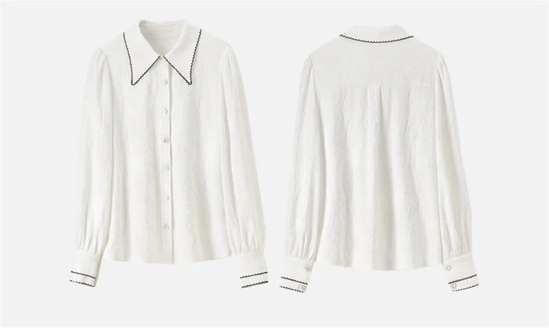 Women Slim Spliced Buttons Blouses Elegant Jacquard Lapel Shirts Office Lady Solid Color Top