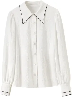Women Slim Spliced Buttons Blouses Elegant Jacquard Lapel Shirts Office Lady Solid Color Top