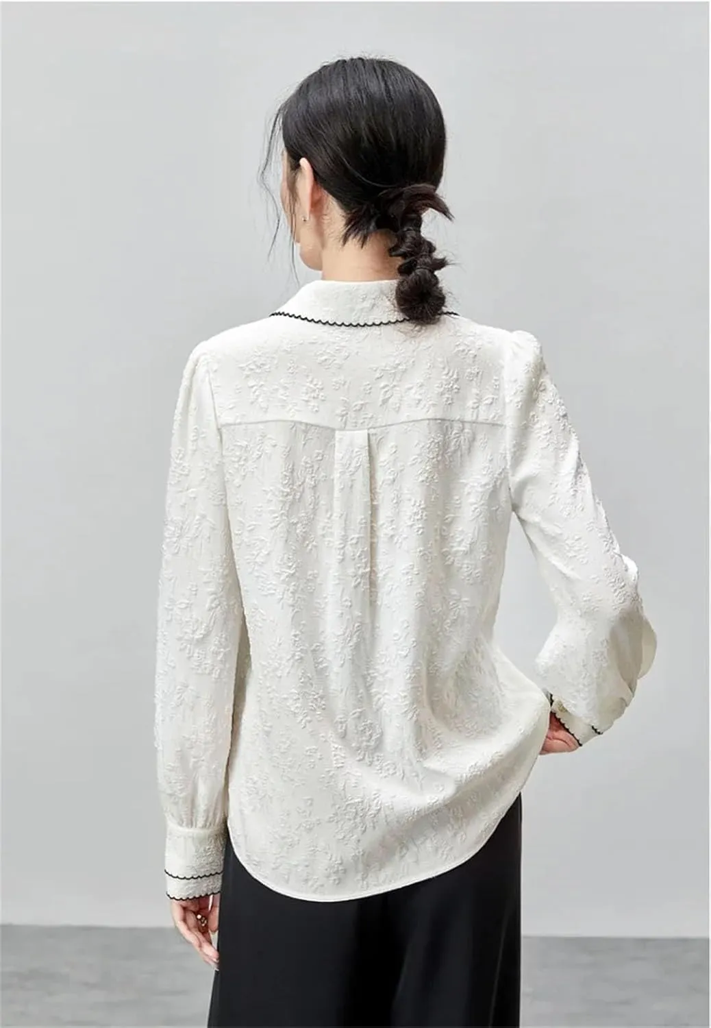 Women Slim Spliced Buttons Blouses Elegant Jacquard Lapel Shirts Office Lady Solid Color Top