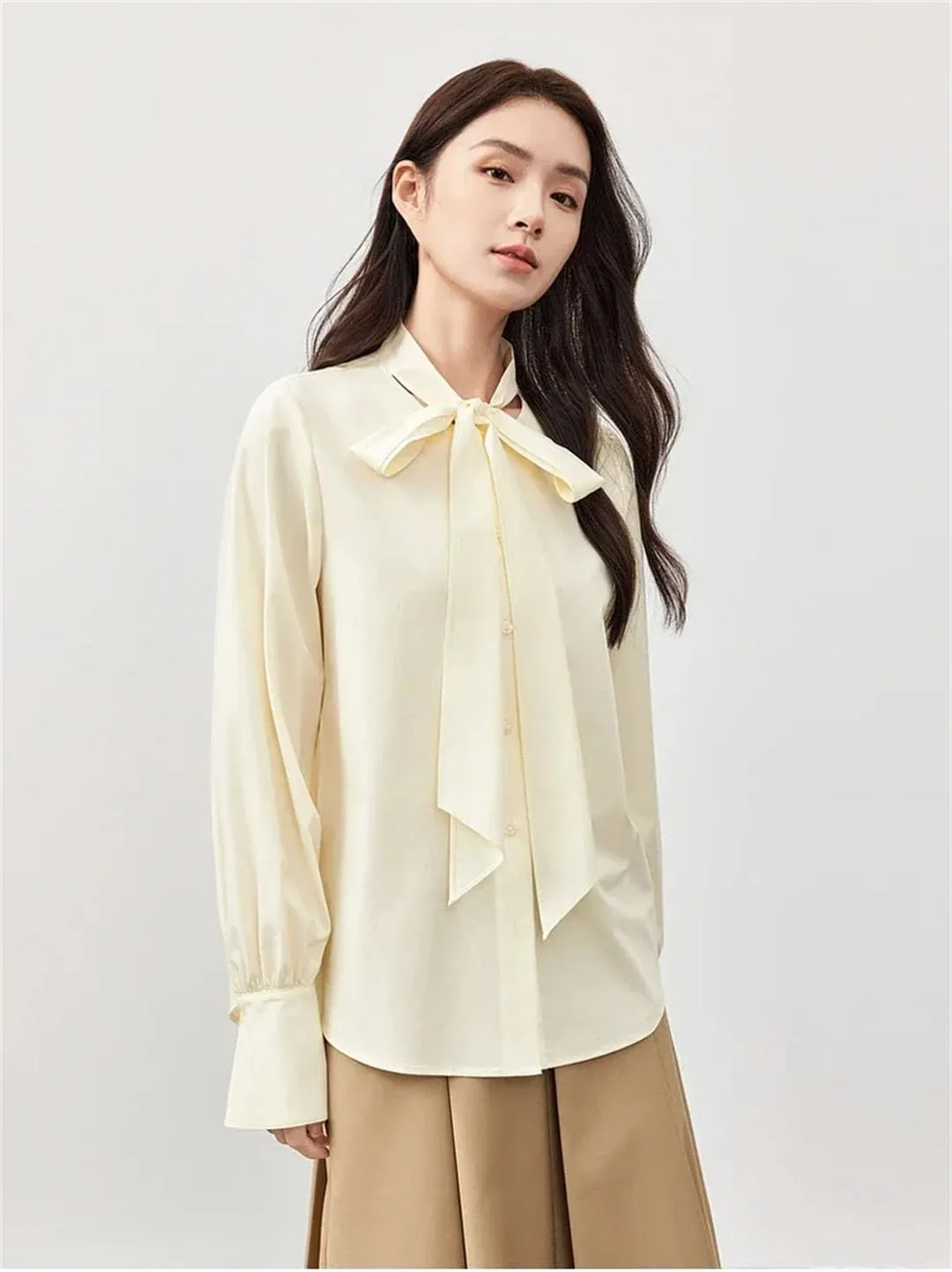 Women Straight Casual Lace-Up Shirt Elegant Single Breasted Solid Color Blouses Office Lady Top