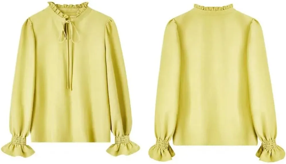 Women Tied Ruffled Collar Blouses Elegant Smocked Long Sleeve Top Casual Pullover Shirt Blouse