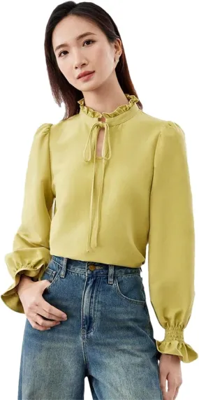 Women Tied Ruffled Collar Blouses Elegant Smocked Long Sleeve Top Casual Pullover Shirt Blouse