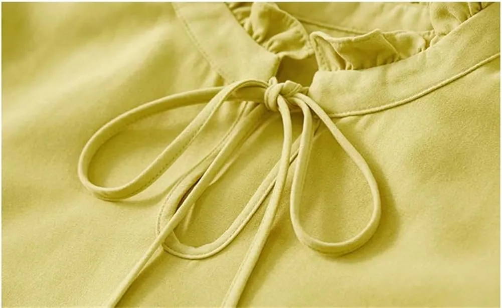 Women Tied Ruffled Collar Blouses Elegant Smocked Long Sleeve Top Casual Pullover Shirt Blouse
