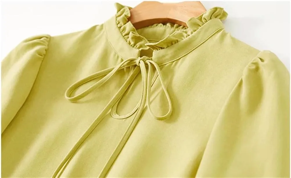 Women Tied Ruffled Collar Blouses Elegant Smocked Long Sleeve Top Casual Pullover Shirt Blouse