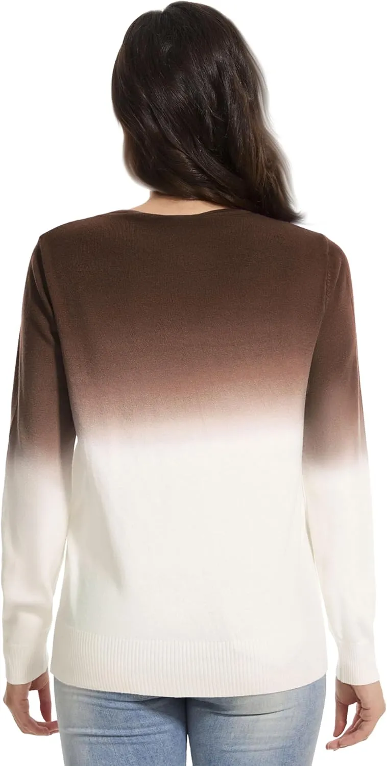 Women's Gradient Color Crew Neck Knit Long Sleeve Soft Loose Casual Sweater Pullover Top Cozy Outfits