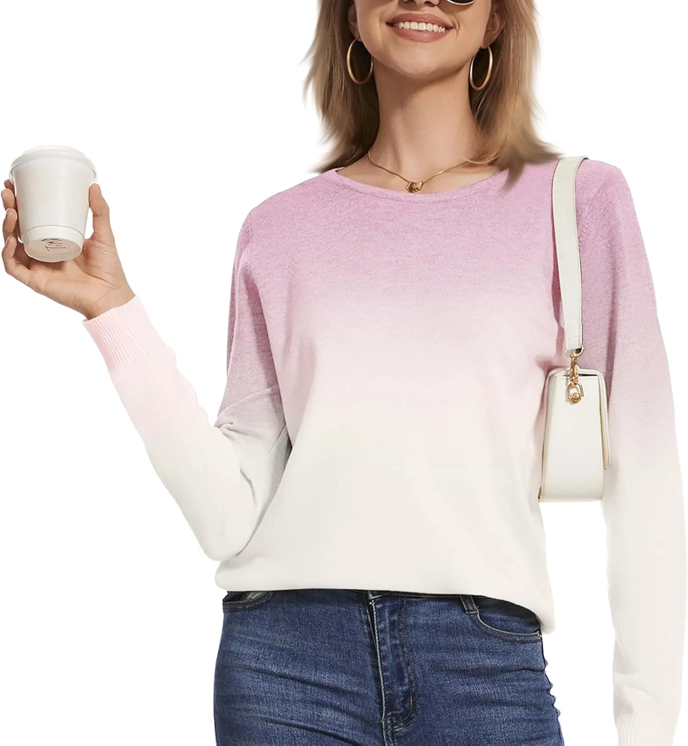 Women's Gradient Color Crew Neck Knit Long Sleeve Soft Loose Casual Sweater Pullover Top Cozy Outfits