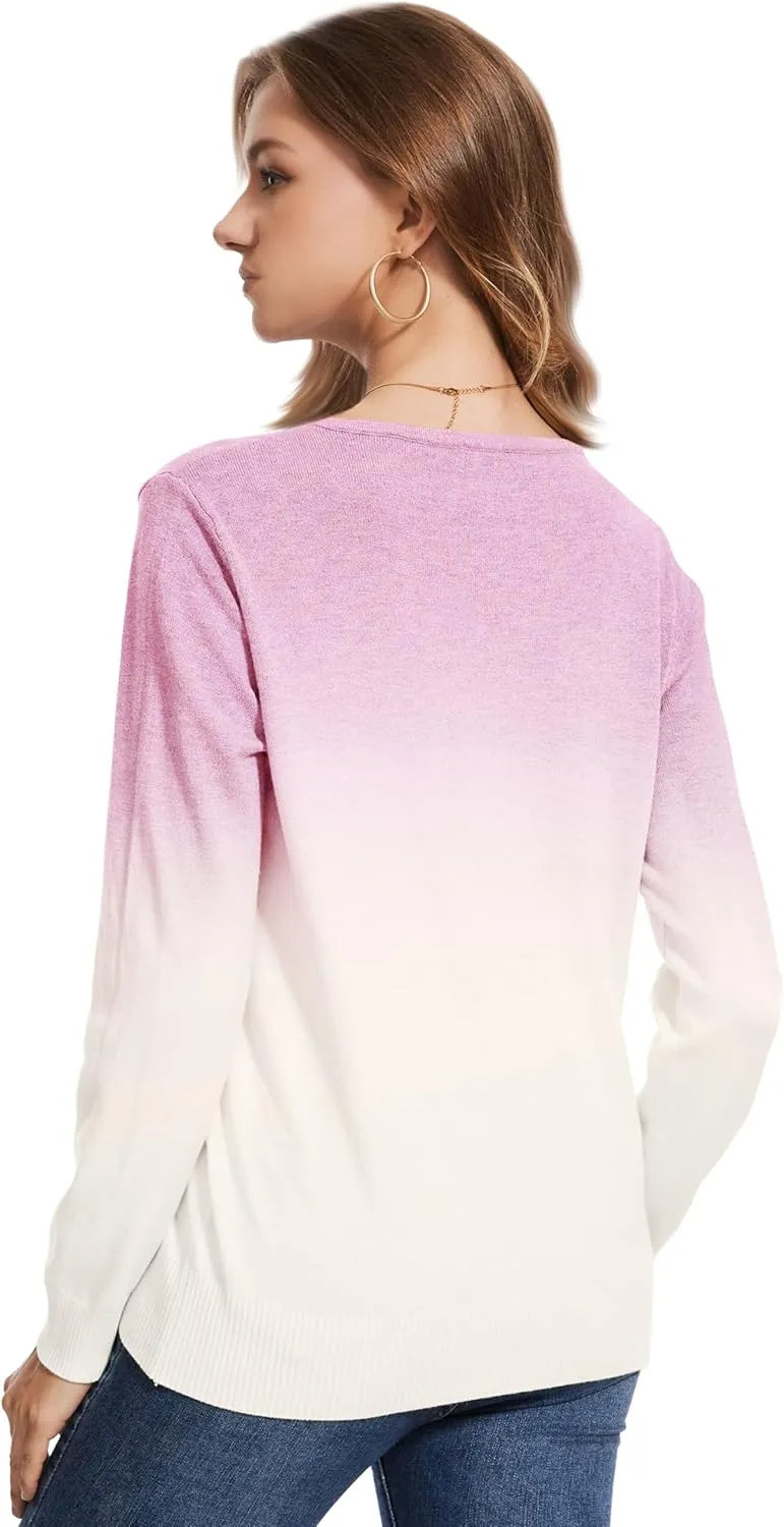 Women's Gradient Color Crew Neck Knit Long Sleeve Soft Loose Casual Sweater Pullover Top Cozy Outfits