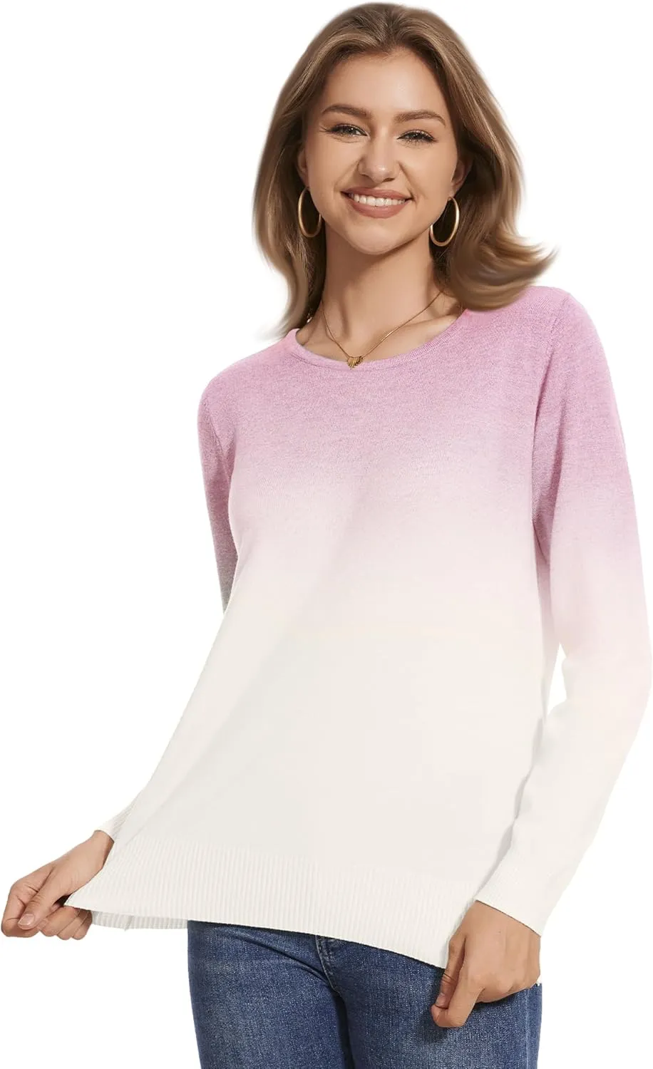 Women's Gradient Color Crew Neck Knit Long Sleeve Soft Loose Casual Sweater Pullover Top Cozy Outfits