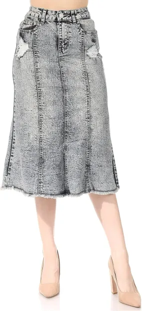 Womens Plus/Juniors Mid Waist Below Knee Length Denim Skirt in Pencil Silhouette